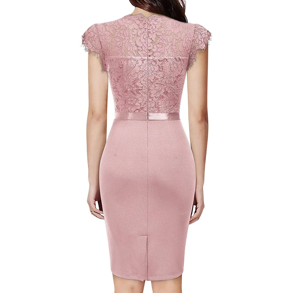 New women's bridesmaid polyester sheath dress with high waist and short sleeves in pink, black, and dark blue