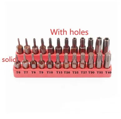 Black steel screwdriver bit set showing T6 to T40 sizes with magnetic tip and hexagon shank