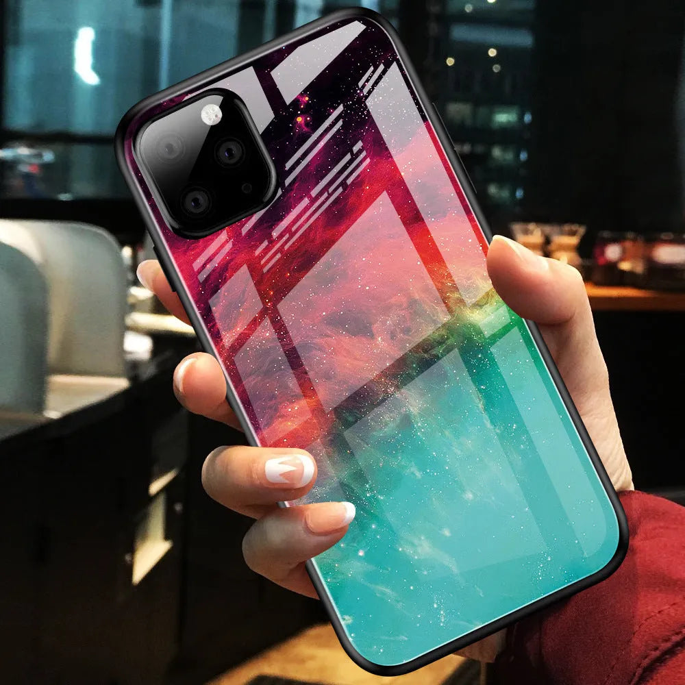 Gradient glass phone case with TPU edges and glass back, 1.5mm slim fit, showing colour gradient on iPhone