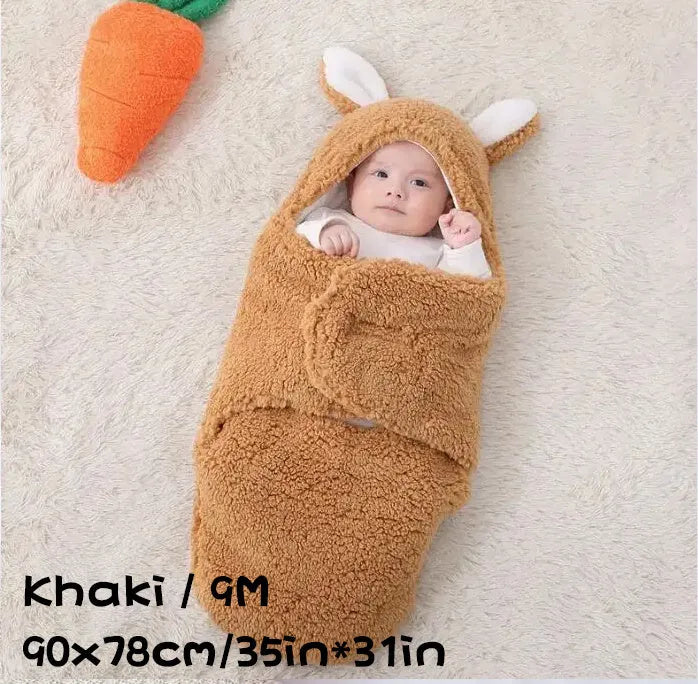 Fluffy fleece baby sleeping bag swaddle in blue with adjustable hook-and-loop closure for newborn