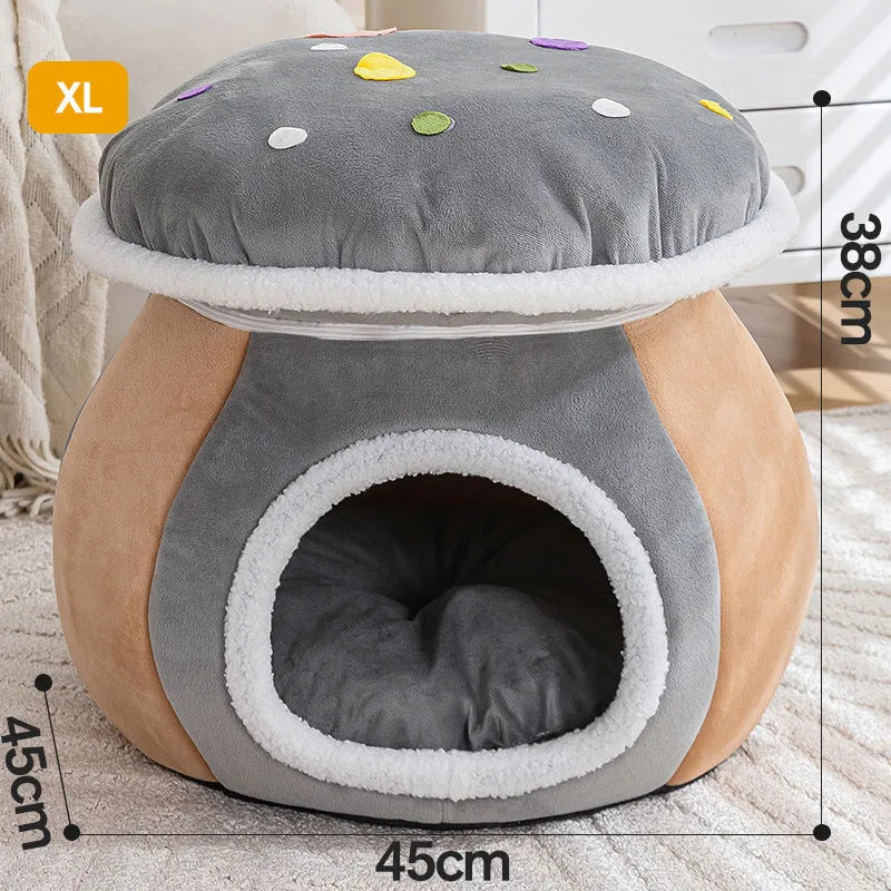 Grey mushroom-shaped plush cat nest bed for pets on a white background.