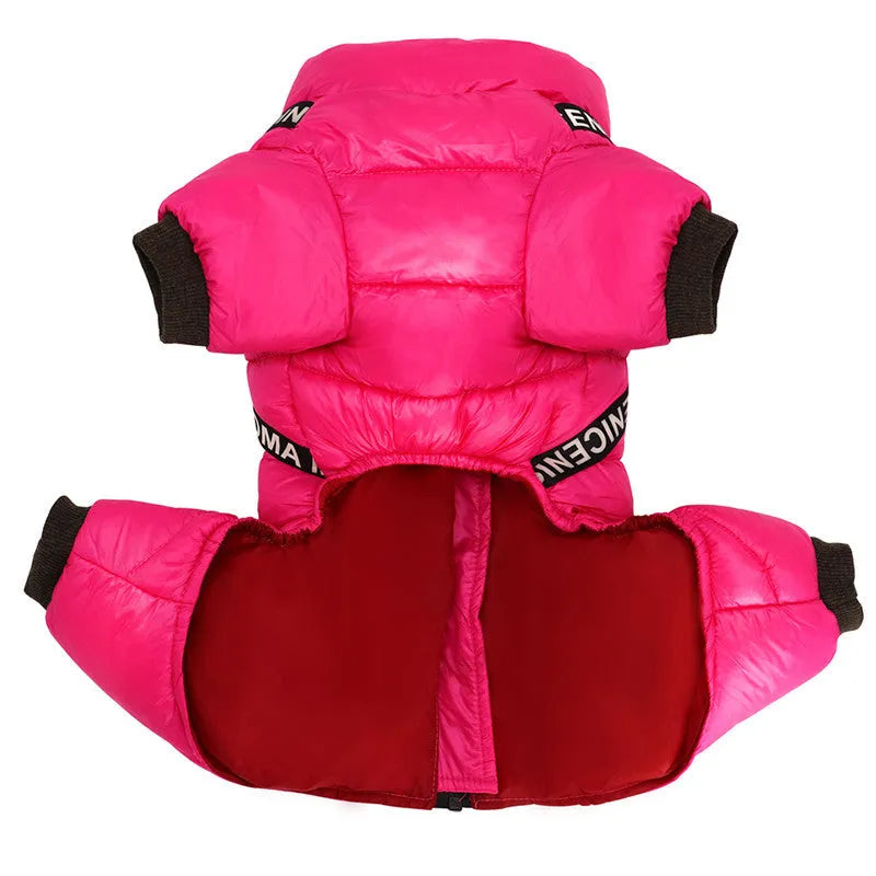 Polyester winter pet coat for fighting dogs in black with size chart on blue background