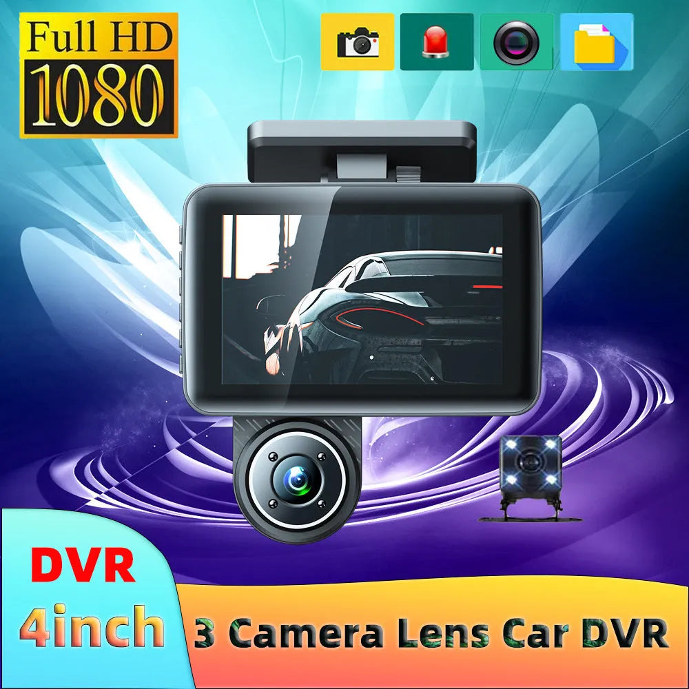 Black 4-inch touchscreen car dash camera mounted on a car windscreen.
