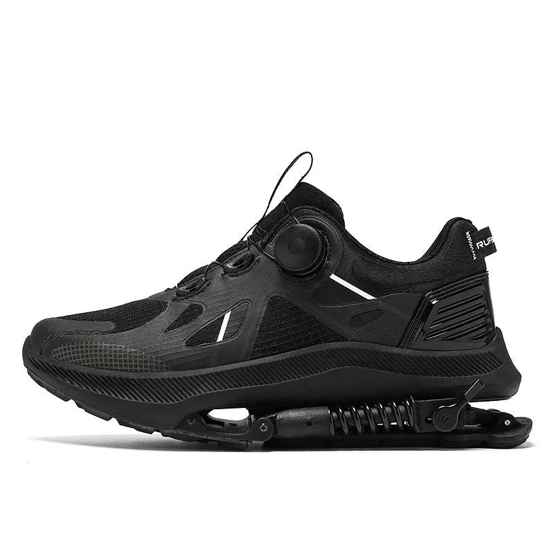 Black Tech running shoes with mesh upper, buckle fastening, and rubber sole on a white background.