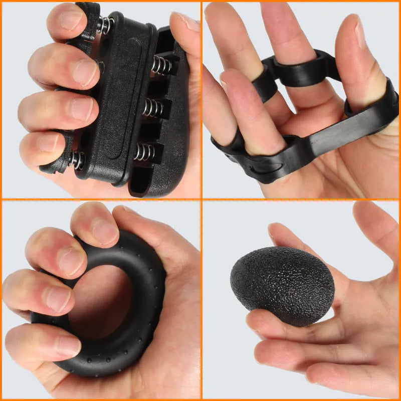 Five-piece grip strength set with counting spring grip, piano grip, finger trainer, silicone gripper and TPE egg ball