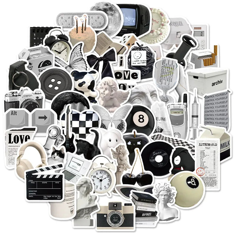 61-piece pack of black and white simple design waterproof PVC stickers for laptops and cups.