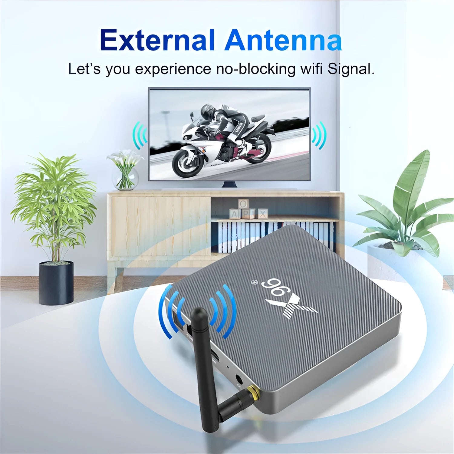 Android Smart Voice Set-top Box with remote, HDMI cable, and power adapter on a table.