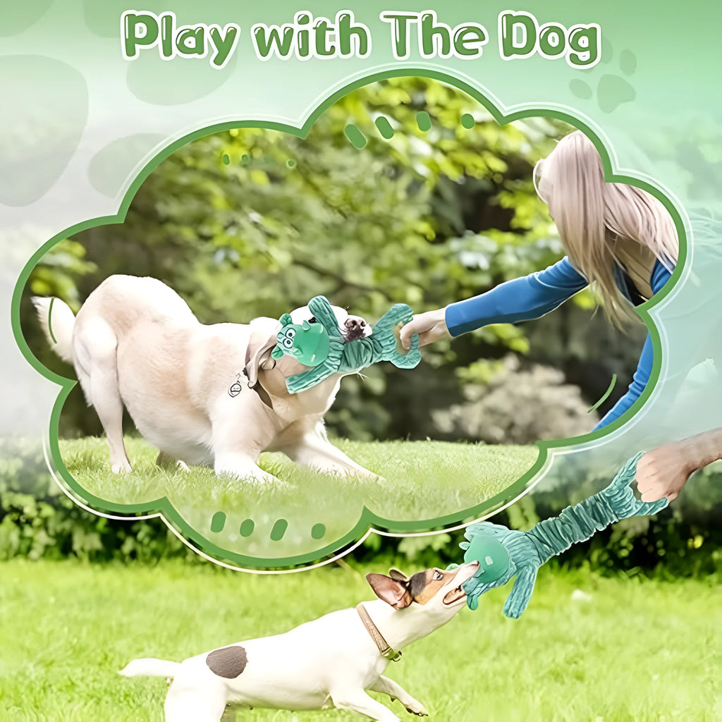 Large plush squeaky dog toy with a handle, shown in a Hippo design, for tug of war and indoor play.