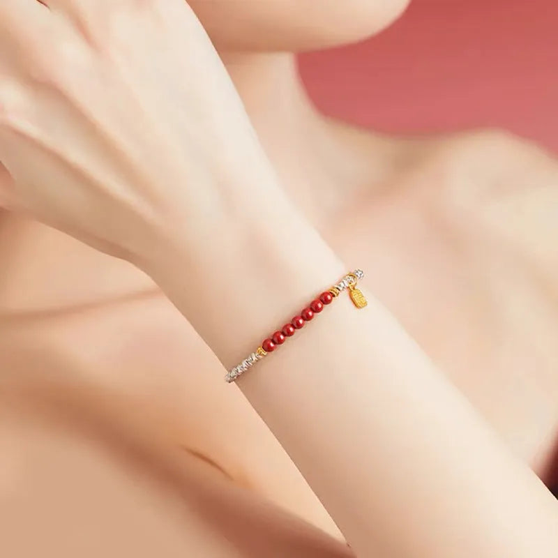 Silver electroplated couple bracelet with geometric round beads on copper, 16 cm length