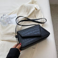 Stone pattern square PU leather one-shoulder bag in black, white with black, khaki, or creamy-white.