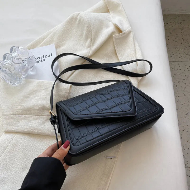 Stone pattern square PU leather one-shoulder bag in black, white with black, khaki, or creamy-white.