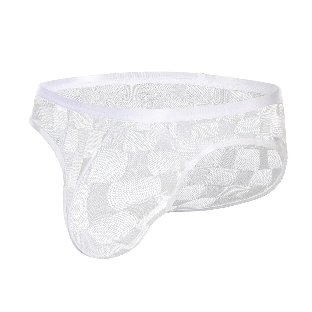 Men's black U-convex plaid mesh underpants showing breathable nylon lace fabric construction