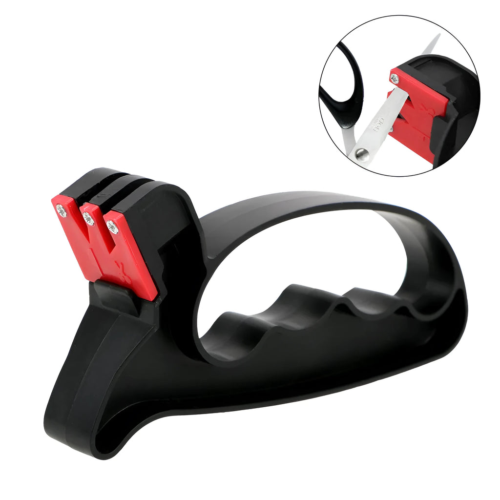 Black handheld knife and scissor sharpener showing ergonomic handle and sharpening slots on a white background.