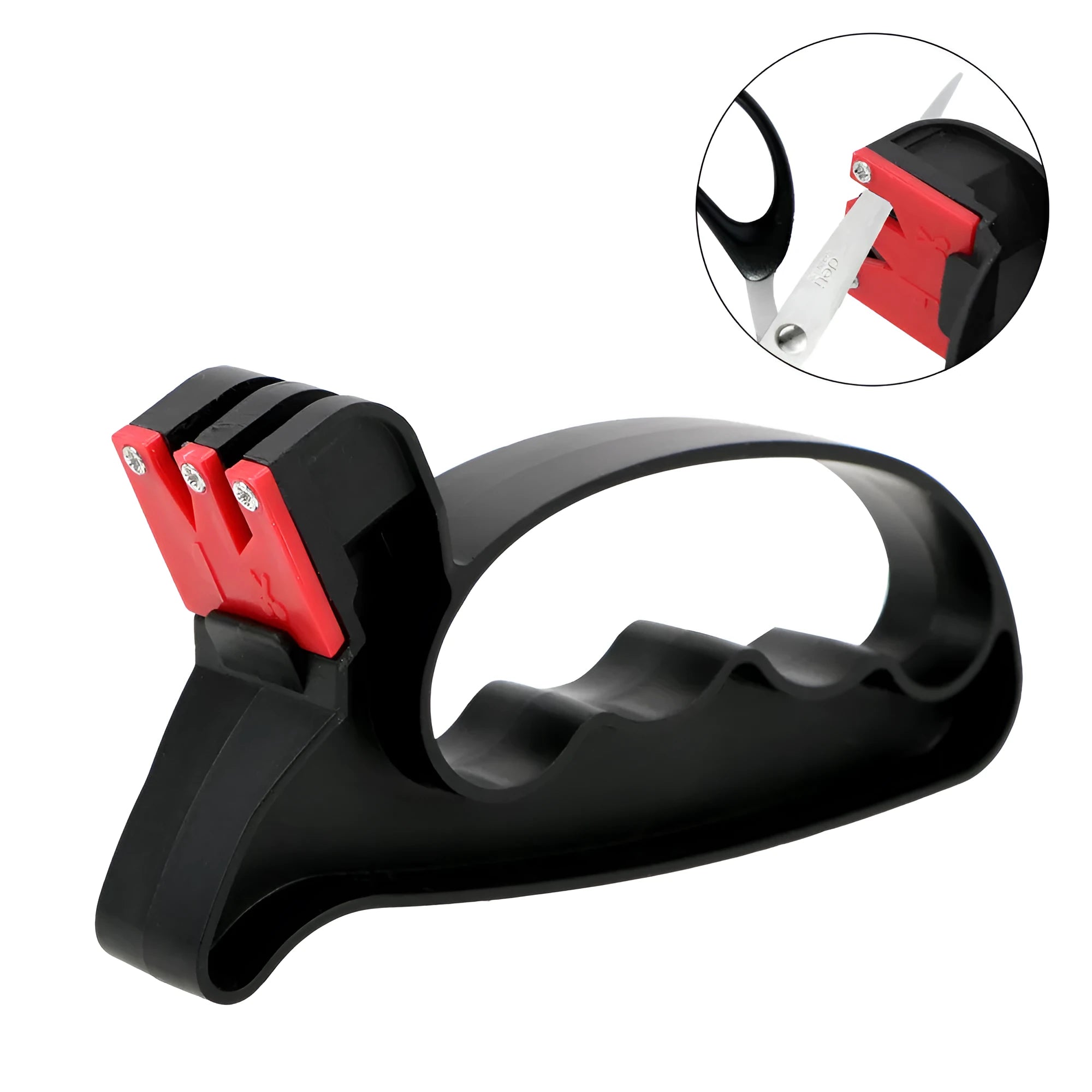 Black handheld knife and scissor sharpener showing ergonomic handle and sharpening slots on a white background.