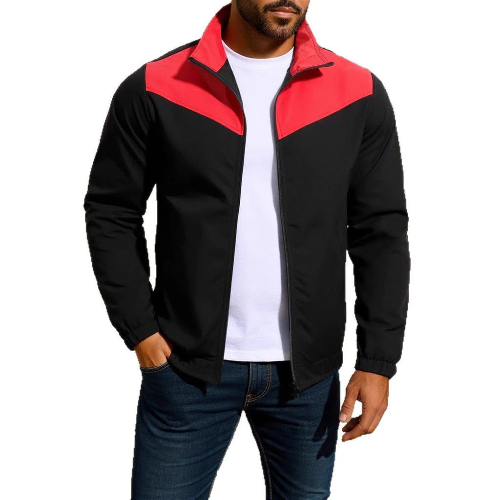 Men's windproof high collar jacket in polyester with a colour-matching zip and raglan sleeves.