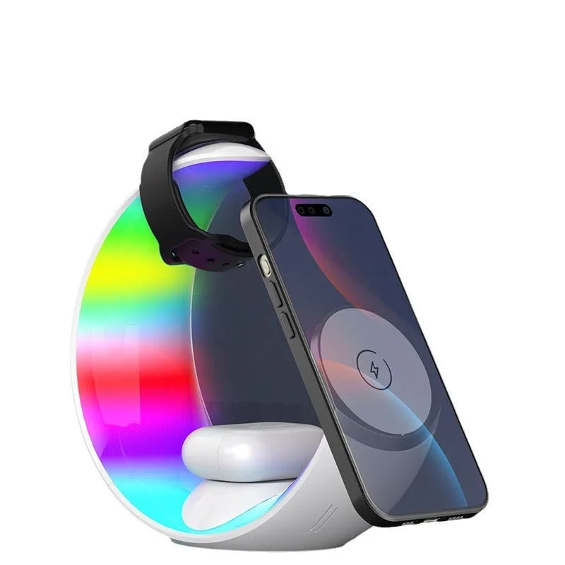White wireless ambience light and fast charger with Type-C port for mobile devices