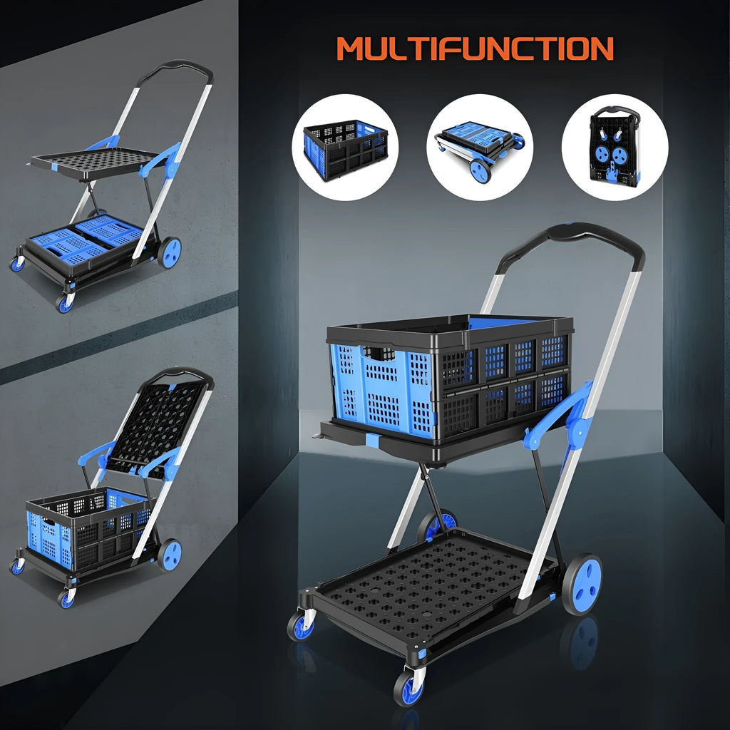Foldable plastic shopping cart with two-layer basket in choice of blue, purple, pink, or red colours