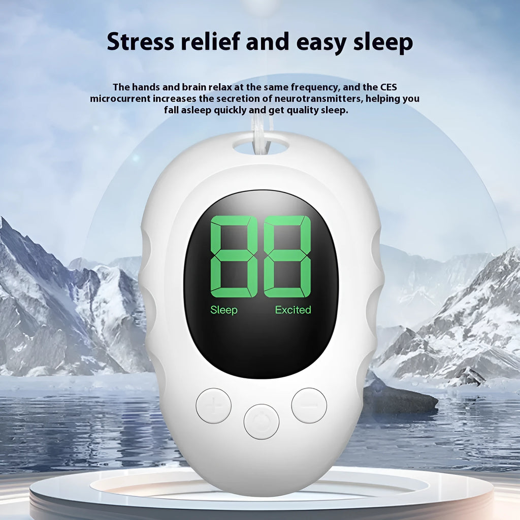 Silicone sleep aid hand grip device in white, black, and green colour options with charging cable