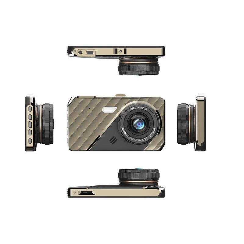 Black 4-inch dual lens dash cam showing front and rear camera configuration with touch screen display