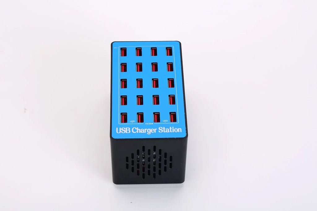 Blue A5 20-port USB charging station with multiple plug options and PC ABS fire retardant casing