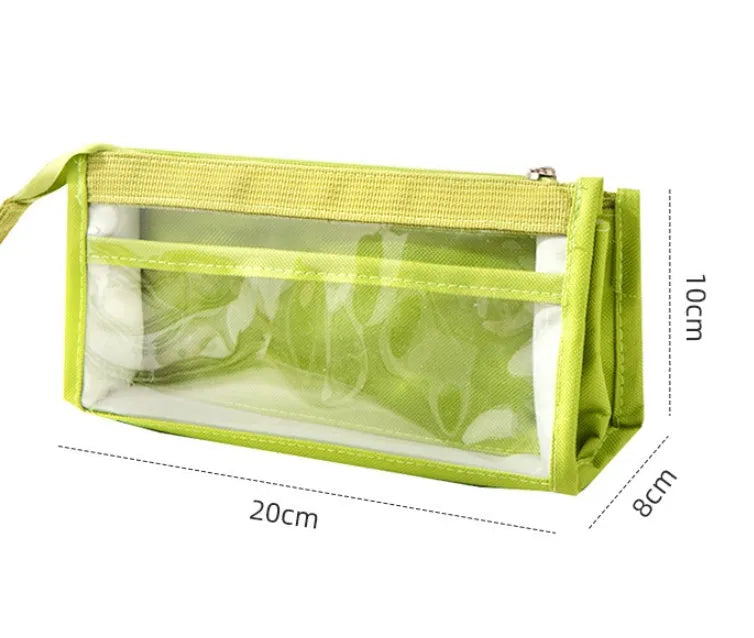 Six-layer transparent canvas pen bag in matcha green with zipped compartments for school stationery