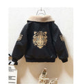 Black PU leather long-sleeved plus velvet jacket for boys with lapel collar and zipper closure, flat lay view