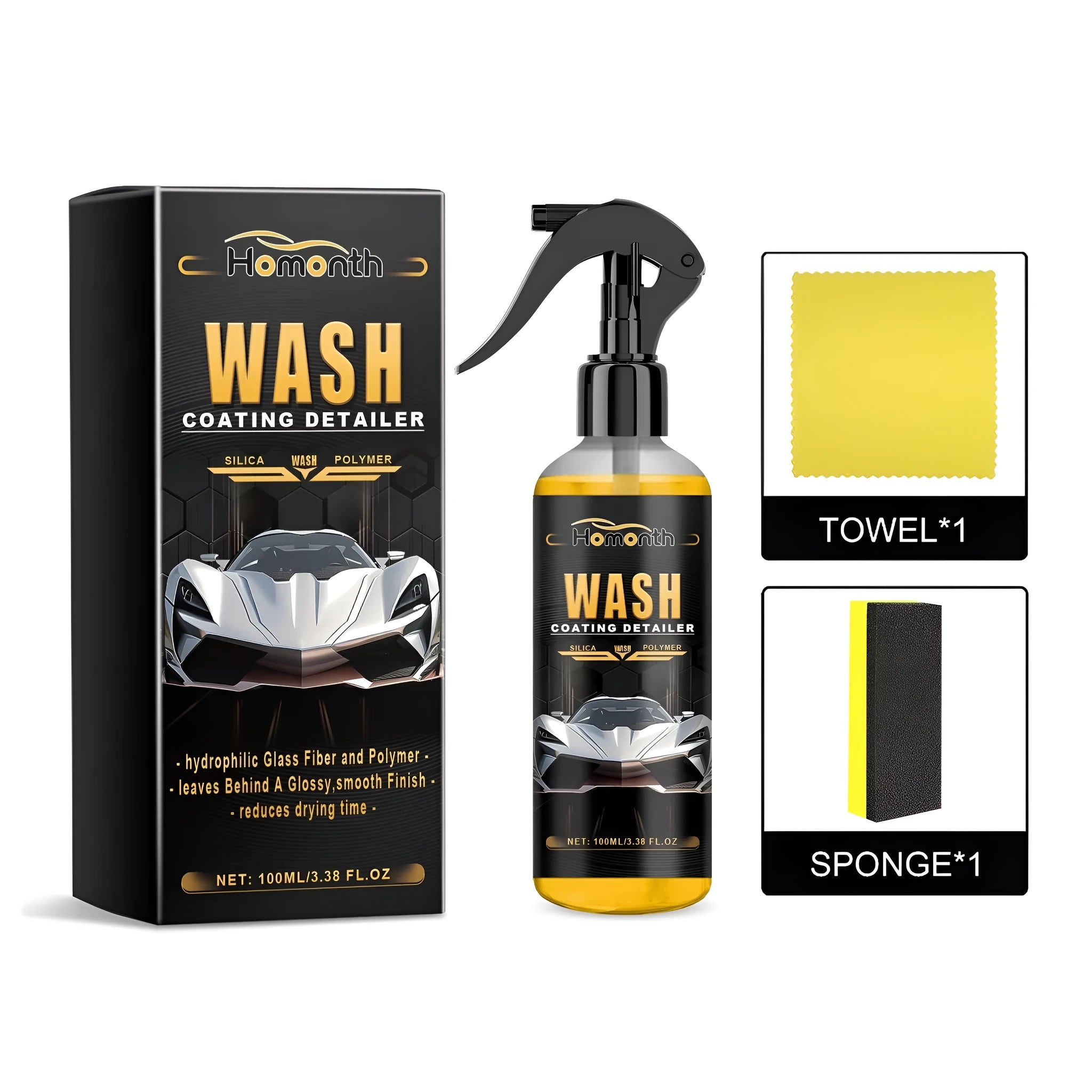 Car wash coating detailer kit with PET bottle, applicator sponge, and microfiber cloth