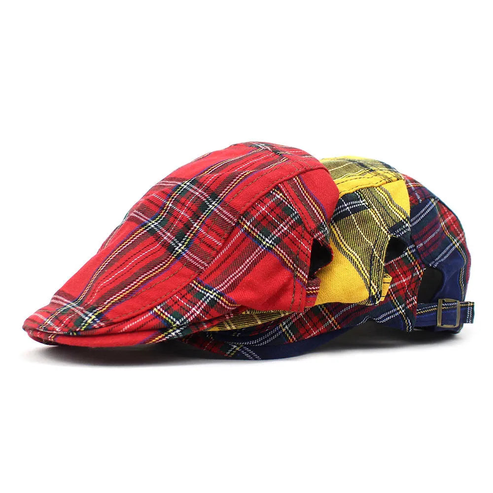 Retro plaid beret with dome crown and curved brim in red colour for adult men and women