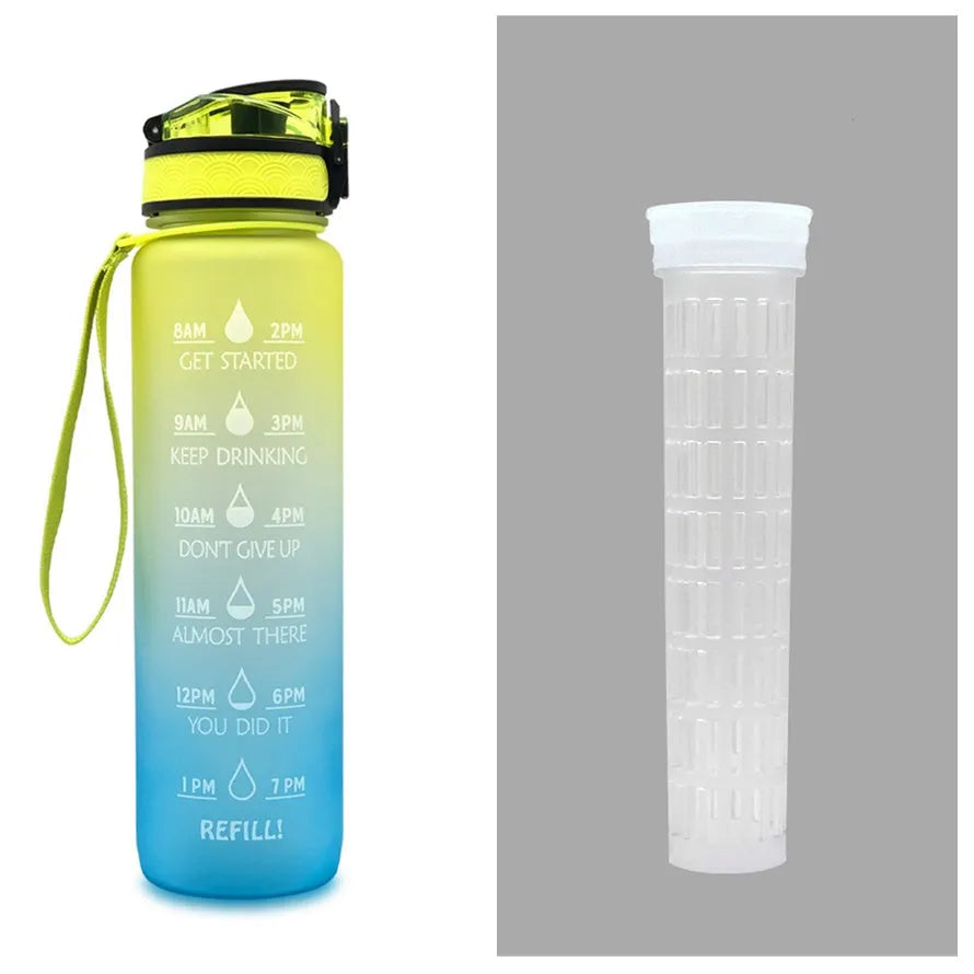 Blue and red gradient 1 litre Tritan sports water bottle with time markers and flip-top lid