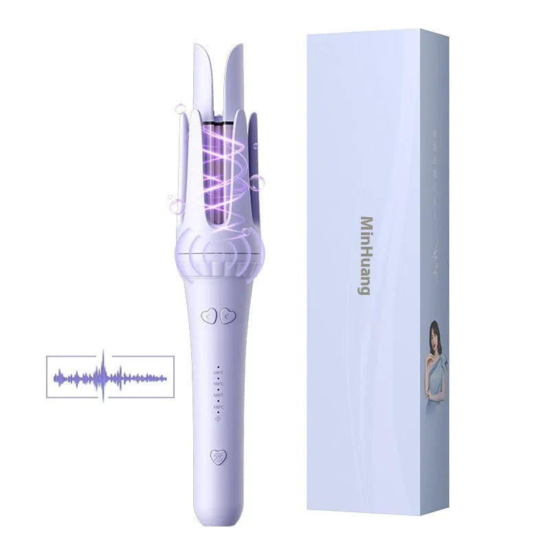32mm automatic hair curler in pink or light purple with ceramic barrel, clips, and comb.