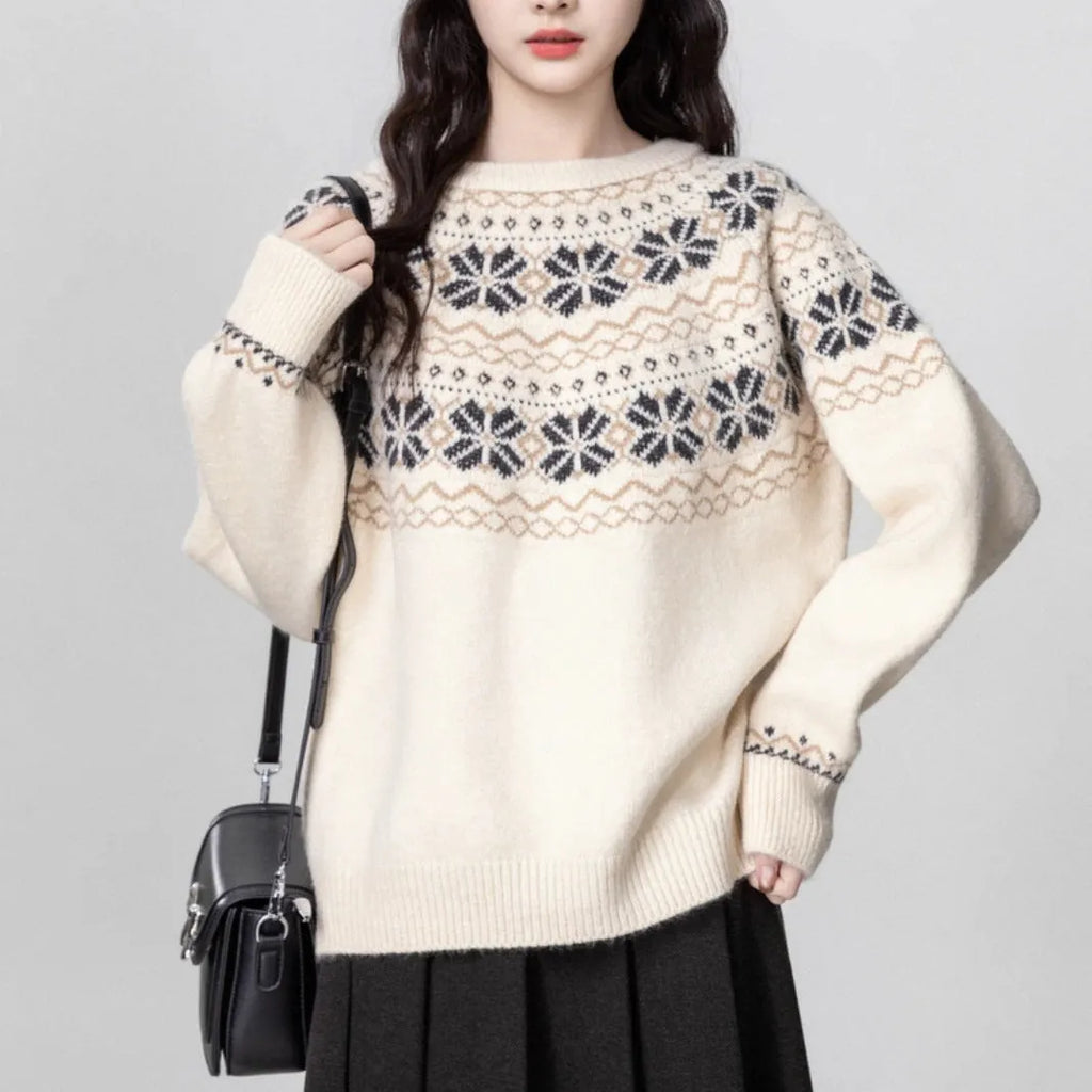 Women's Milky White Fair Isle patterned pullover sweater with a loose fit and crew neck.