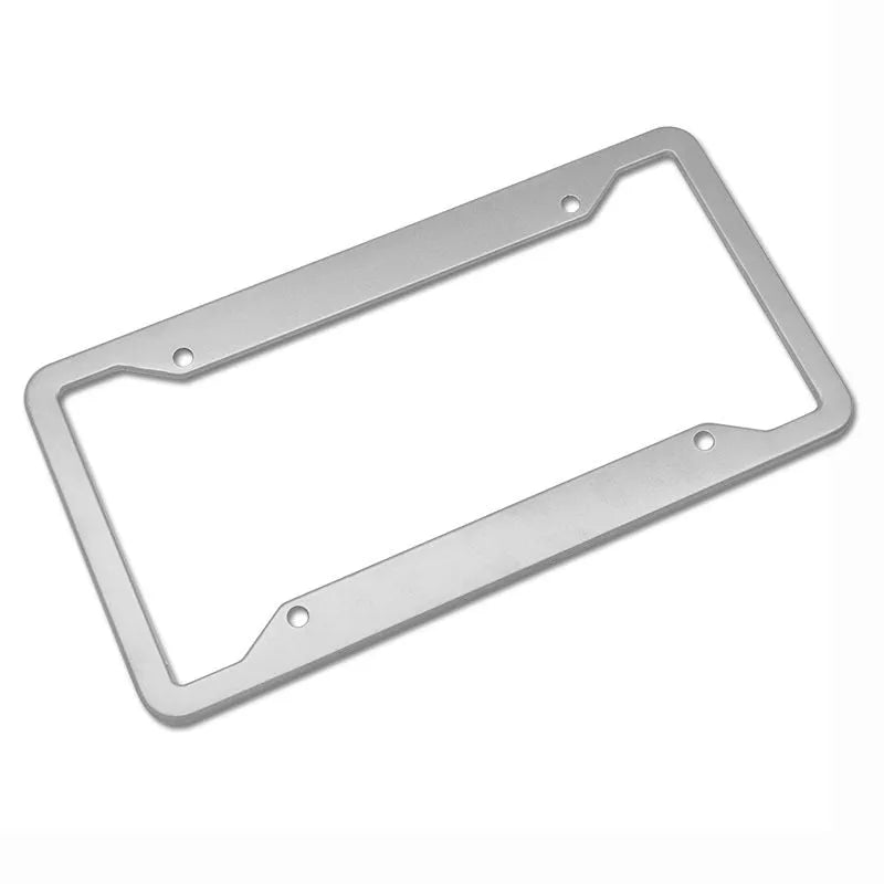 Aluminium alloy and stainless steel license plate frame in black, shown from the front.