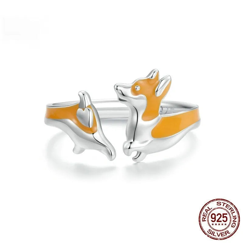 Sterling silver cartoon corgi pet ring for women with electroplated finish