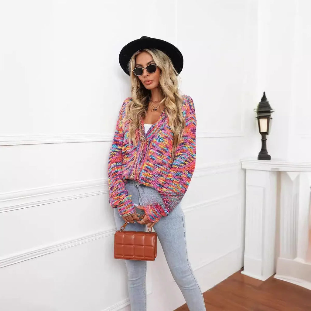 Rose red rainbow striped loose fit short cardigan knitted coat on a model.