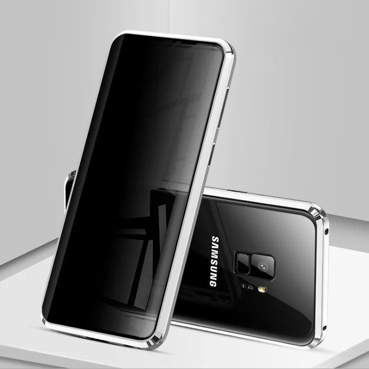 Black magnetic clamshell phone case for Samsung smartphones with glass construction and closed magnetic design