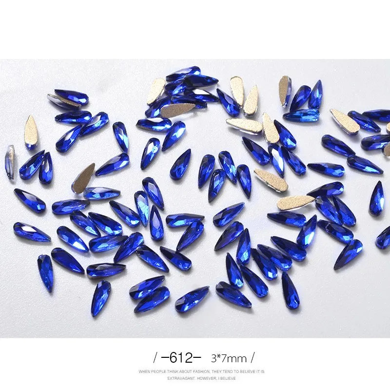 10 acrylic 3D nail art rhinestones in long water drop shape, 7x3mm, glitter finish, eleven colour options