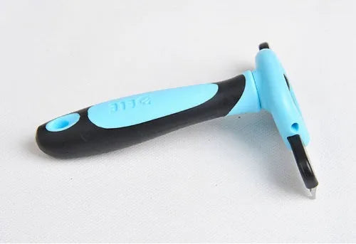 Pet hair removal comb for long straight hair, available in blue or pink, sizes S M L.