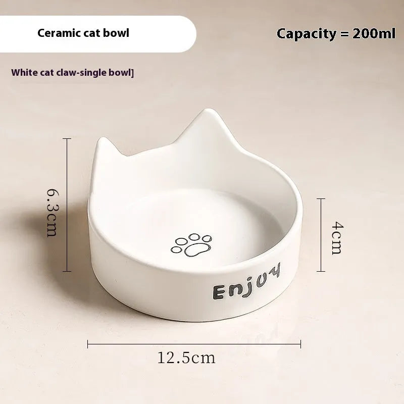 Porcelain cat food and water bowl set with wooden anti-tumble frame in various colours
