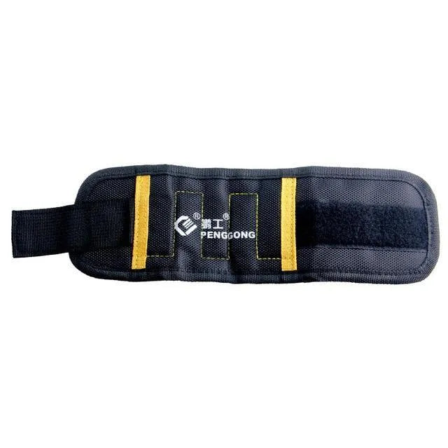 Adjustable magnetic wristband with five strong magnets, 1680D Oxford cloth, black colour, on a workbench