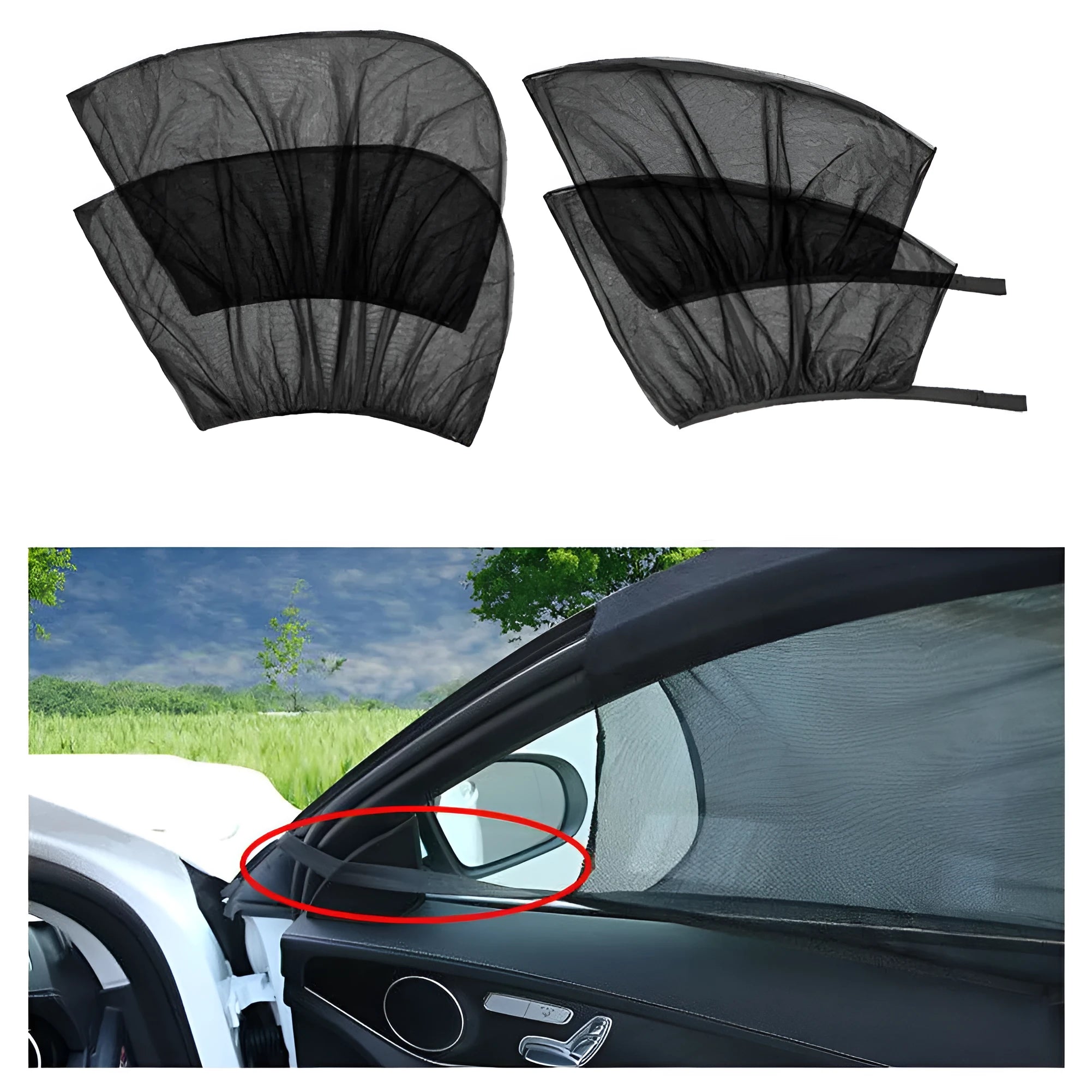 Car side window mesh sunshade showing non-woven fabric screen with elastic edge installation on vehicle window