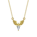 A silver necklace with an eagle pendant on an adjustable O-ring chain, available in white gold or yellow gold colour finish.