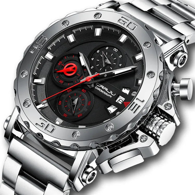 Men's quartz watch with 4.7cm oversized dial stainless steel band silver blue face