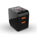Black 5V 2.4A dual USB travel charger with digital display and a UK plug on a white background.