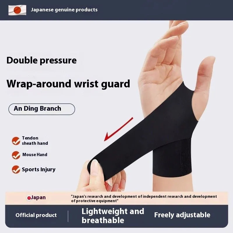 Adjustable black athletic wristguard for wrist support during sports like tennis and badminton.