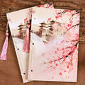 Traditional Chinese thread-bound notebook in Azalea watercolour design showing ancient binding and open flat pages