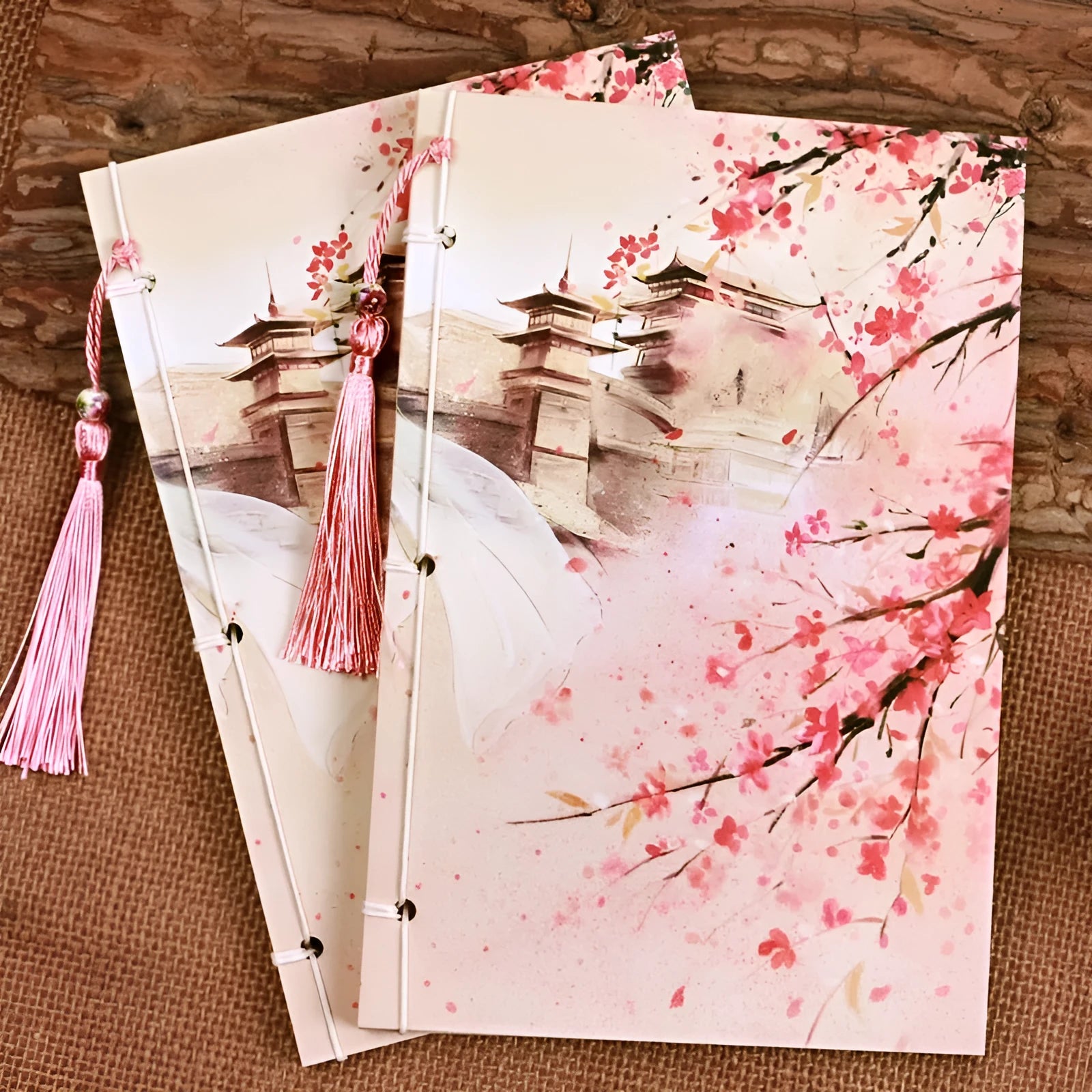 Traditional Chinese thread-bound notebook in Azalea watercolour design showing ancient binding and open flat pages