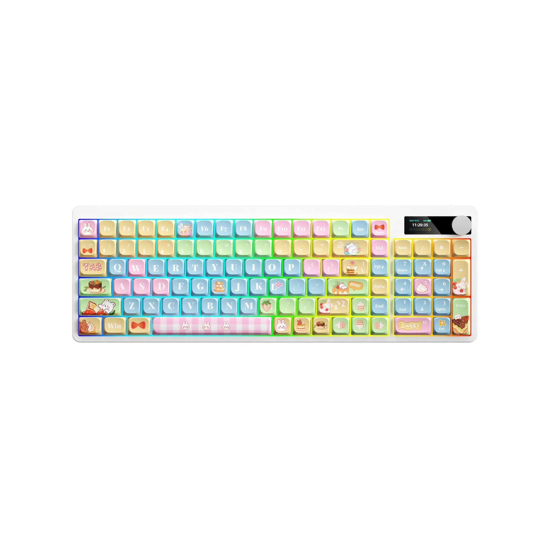 Black mechanical keyboard with RGB backlighting and sublimation keycaps next to laptop
