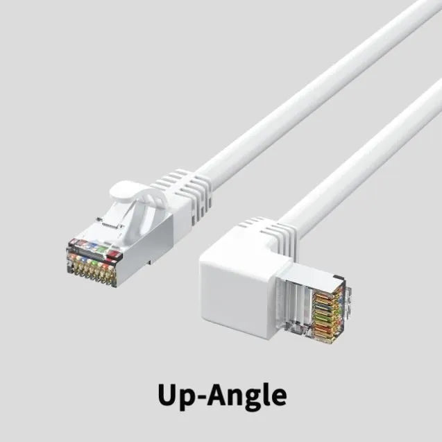 Black Cat6 Ethernet cable with right-angle metal RJ45 connector showing different orientation options