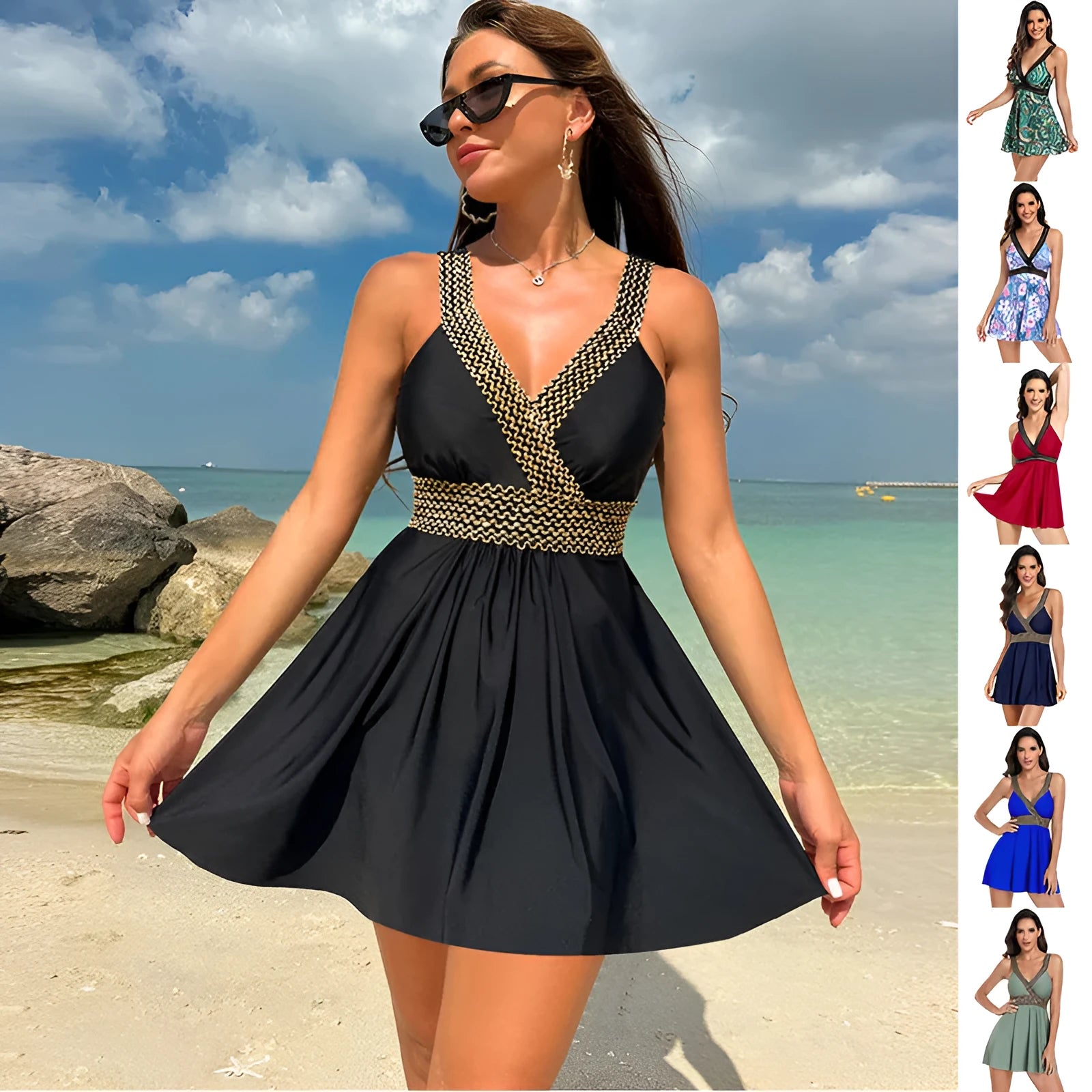 Women's V-neck printed swimsuit cover-up dress in a navy blue colour on a mannequin.