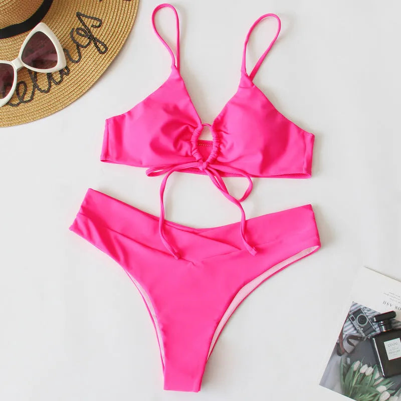 Women's pure colour tied bow split front bikini swimsuit in multiple colour options
